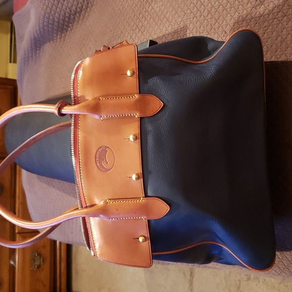 Dooney & Bourke Handbags - Dooney & Bourke Navy with Tan Leather Trim Tote Satchel